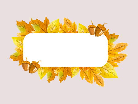 autumn background. Frame for text. Thanksgiving and Harvest Day. Leaf fall horizontal banner. Vector illustration, Watercolor maple leaves border.の写真素材