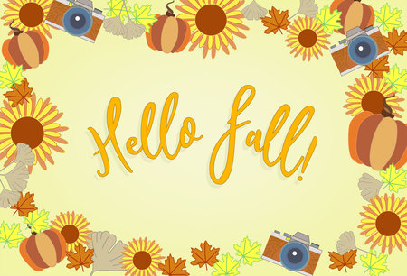 Autumn frame with pumpkin, sunflowers and camera. Frame. Hello fallのイラスト素材