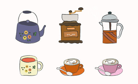 Set of coffee and tea elements collection. Coffee supplies icons. make coffee. French press, coffee makers, cup, pot, grinder, tea cup and teapot. object, accessory, style icons. Vector illustrationのイラスト素材