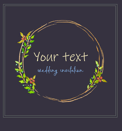 Text frame, Blue background color, watercolor wreath thin elegant with leaves and red berries. Cozy autumn styleのイラスト素材