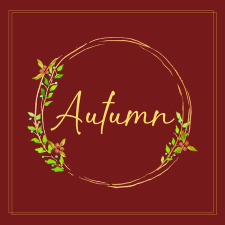 Text frame, Red background color, watercolor wreath thin elegant with leaves and red berries. Cozy autumn. Lettering, postcardのイラスト素材