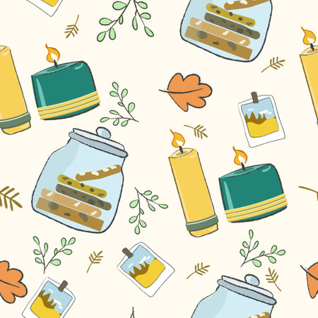 Autumn cozy home elements seamless pattern, endless texture. candle and cookies in pot. Flat hand drawn vector illustration. Copy pasteのイラスト素材