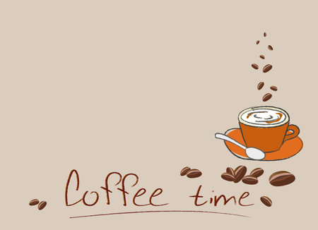 Relax coffee time banner ads, illustration brown cup in top view, engraving style background, lettering, Coffee beansのイラスト素材