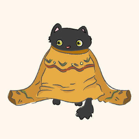 Black Cat in a big sweater, Cute eyes, surprised expression, Autumn Cozy, cat sitting in orange sweaterのイラスト素材
