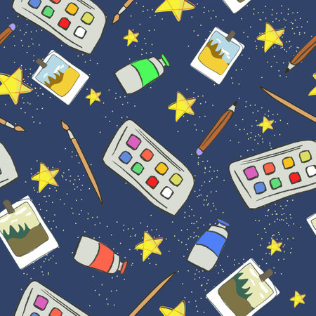 Seamless pattern bright. Hobby and drawing items, Vector illustration for printing and Textiles, Children s bright and cheerful, School timeのイラスト素材