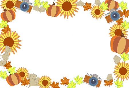 Autumn frame with pumpkin, sunflowers and camera. Empty Frame.のイラスト素材