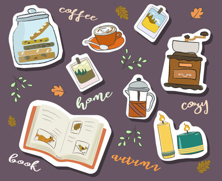 Cozy collection stickers, indoors autumn activities, concept of comfort and coziness, set of isolated vector illustrations, hygge style, hand drawn illustrationのイラスト素材