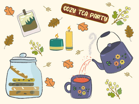 Cozy Tea Party illustration, Comfort and warmth, tea drinking, time to drink tea in the fall, twice for comfort, cookies in a jar, tea timeの写真素材