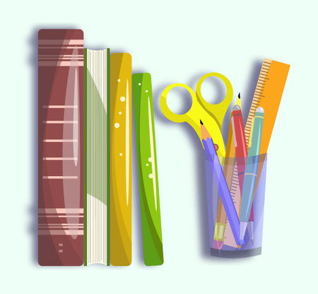 Container with schoolboy stationery. Books, scissors, ruler. Office supplies, pen pencilのイラスト素材