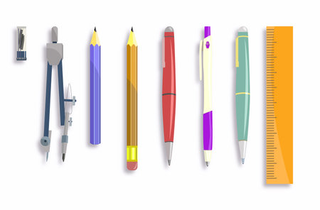 Set of pens, compass and pensils isolated on a white backgroundのイラスト素材