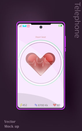 Phone with the screen on, heartbeat check-up, health tracking, lilac female smartphone. Modern and stylish, mockupのイラスト素材
