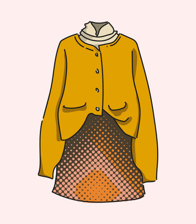 Cardigan Jacket with Skirt, Autumn look, Ochre color. Illustration for magazines and shopsのイラスト素材