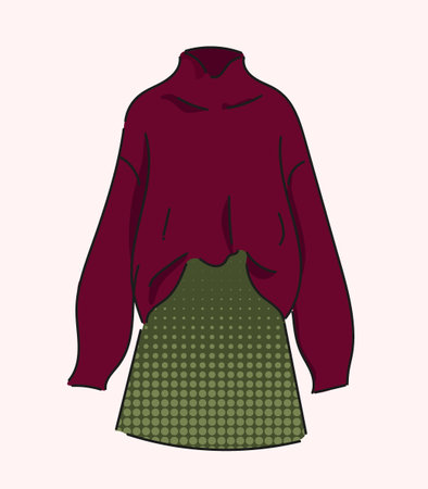Red Cardigan Jacket with Green Skirt, Autumn look. Illustration for magazines and shopsのイラスト素材