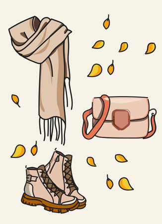 Female autumn image for warmth. Trendy modern design for banners of clothing and footwear stores. Fashion accessories for girlsのイラスト素材