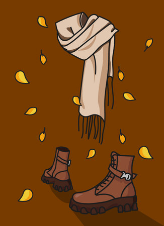 Female autumn cozy image. Trendy modern design for banners of clothing and footwear stores. Fashion accessories for girlsのイラスト素材