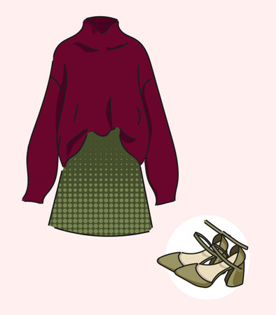 Red Cardigan Jacket with Green Skirt and high heeled shoes. Autumn look. Illustration for magazines and shopsのイラスト素材