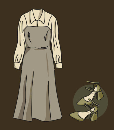 Women s dress is elegant in retro style, Blouse with ruffles and high-heeled shoes . Minimalism and fashionable Clothes for Girls. Illustration for stores, advertising, websites and bannersのイラスト素材
