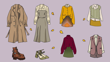 Set of woman clothes and accessories. Set of women s autumn image. Trendy modern design for banners of clothing and footwear stores. Fashion accessories for girlsのイラスト素材