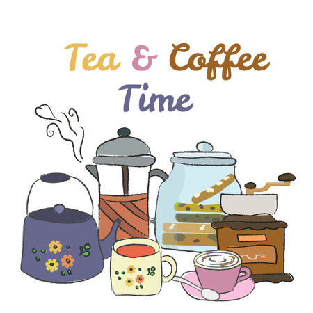 tea and coffee time vector illustration, hand drawn cartoon style. Breakfast setのイラスト素材