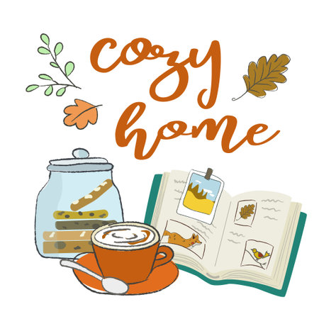 Cozy home, coffee time with book and cookies. Hand drawn cartoon style. Autunn leaves decorateのイラスト素材