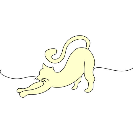 Cat line art design illustration template. Cute silhouette of cat. Yellow cat yawns stretches.のイラスト素材