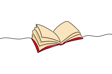 Book drawn with a single line, Continuous one line drawing open book with flying pages. Colored cover in red, beige sheets. Vector illustration for the design of banners or textbooks, suitable for a website and infographicsのイラスト素材