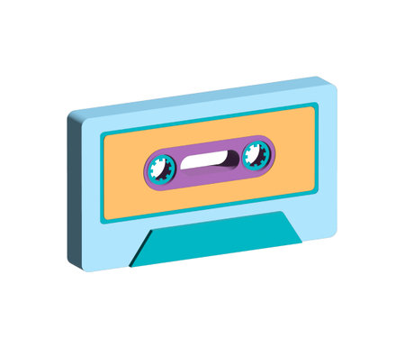 Vivid illustration Audio Cassette from the 70s 80s 90s. Blue color Nostalgia retro and neon vintage. Retrofuturism. 3d cassette on white backgroundの写真素材