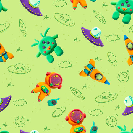 Play dough Alien and Spaceman. Bright Cosmic Illustration. Handmade clay plasticine. Seamless image, cute background for print, printing, production, posterの写真素材