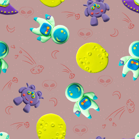Play dough Alien and Spaceman. Bright Cosmic Illustration with comet. Handmade clay plasticine....