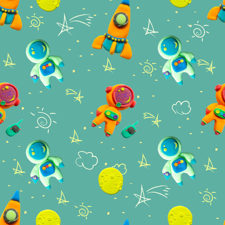 Play dough cute Spacemans Girl and Boy. Bright Cosmic Illustration. Handmade clay plasticine. Seamless image, Background for print, printing, production, posterの写真素材