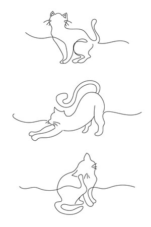 Set Cats, The style is one solid line, the silhouette of a cute flexible cat, a black line drawn by hand. Logo for veterinary clinic, design for printing business cards, banners, websitesのイラスト素材