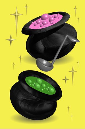 Witchs cauldron with bubbling green and pink potion pots. Halloween magic pot. boiling magic concoction, isolated on transparent yellow backgroundの写真素材