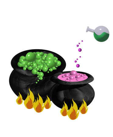 3d illustration for Halloween. A witchs cauldron with a potion, a burning fire, a decoction of green and pink color is brewed, bubbles in a saucepan. Magic and sorcery. Design for postcards or banners.の写真素材