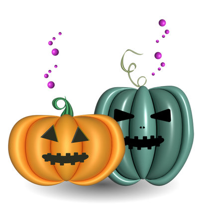Orange and blue color pumpkins with scary smile. Halloween 3d illustration on white backgroundの写真素材