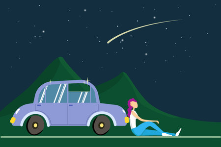 Girl sitting near Car and looking at the night starry sky. Romantic lonely mood, be with yourself and reflect. Vector illustration for advertising carsharing or car rental and purchaseのイラスト素材