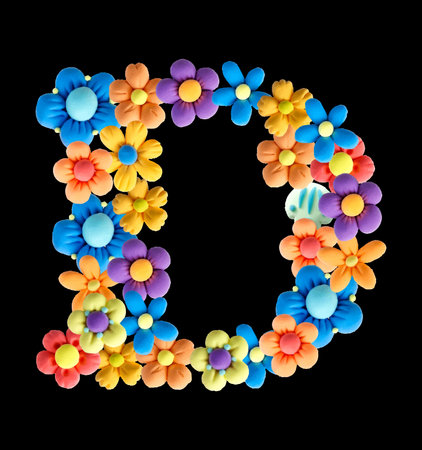Floral letter D made of Plasticine flowers. Handmade, 3d, isolated vector illustration on a black background. Colorful Alphabetのイラスト素材