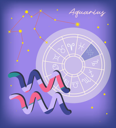 Futuristic Aquarius zodiac sign on light purple background. Glowing low polygonal design vector. Constellation of aquarius, calendar designのイラスト素材