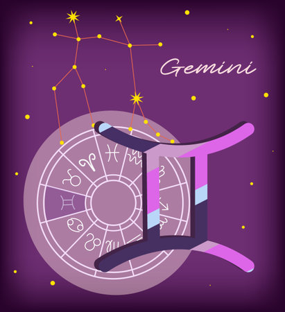 Gemini sign, zodiac background. Beautiful and simple vector image of night, starry sky with gemini zodiac constellation, sphere with encapsulated gemini sign and constellation nameのイラスト素材