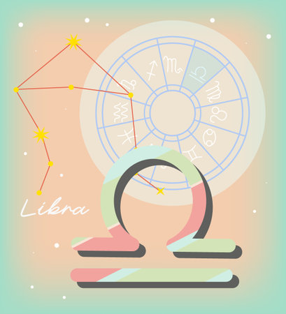 Futuristic Libra zodiac sign on light blue pink background. Glowing low polygonal design vector. Constellation of leo and the astrological circleのイラスト素材