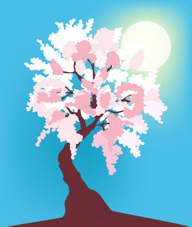 Cherry Blossoms Landscape Illustration, backgrounds for design, abstract illustration plain sky and sun backgroundのイラスト素材