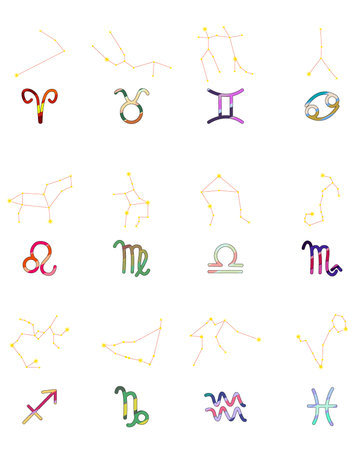 Set Zodiac signs, Colorful zodiacs, Icons for the design of Esoteric with Constellations, astrologic maps, calendars. Vector elements on White background. The color of the element of the monthのイラスト素材