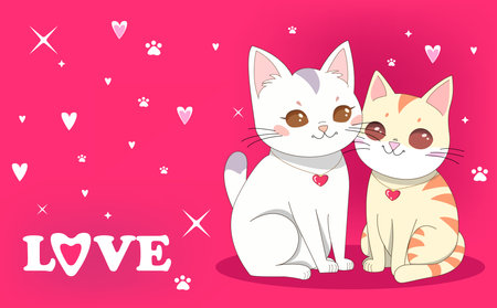 Draw vector illustration character design couple love of cats. Valentine day art cartoon style for postcard or poster. White and beige cute love cats on Pink backgroundのイラスト素材
