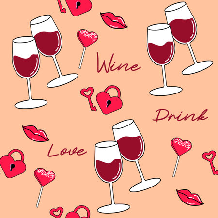 Wine Retro style Background. Fashion Seamless pattern couple glass wine, candy and hearts for textile. fashion Modern Copy paste textile, prints, paper products, the Web. trendy for Valentines dayのイラスト素材