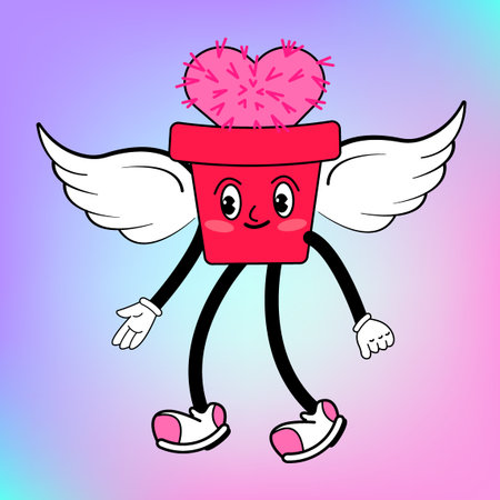 Groovy Valentines day Romantic Cactus with Wings. Cute Angel and funny characters. Retro valentines...