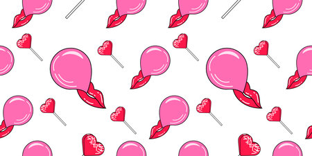Vector Seamless pattern of Heart Candy, Lips and Bubble Gums on white background. Copy past trendy Pink illustration. Pattern for print, textile or postcard for Valentines day, Woman s dayのイラスト素材