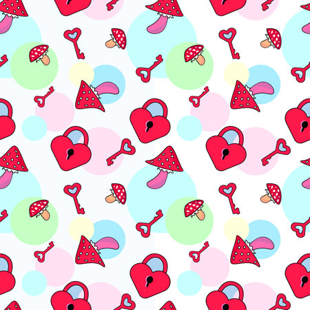 Funny colorful seamless pattern. Vector doodle line cartoon Love keys and Mushrooms illustration letters. 80s 90s hippie style seamless pattern artのイラスト素材