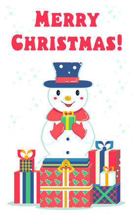 Christmas card, gift bag or box design with snowman. Merry Christmasのイラスト素材