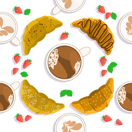 Croissants and Coffee, Strawberry Fruits with leaves. Seamless vector drawing for textiles, printing, wallpaper and napkins. White backgroundのイラスト素材