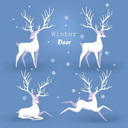 Set of white deer on different poses on blue background. Cartoon vector illustration. Deer with beautiful big horns, a fabulous animal. Winter snow theme 2025のイラスト素材