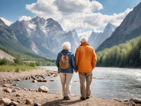 Vacations and trips in old age with family. An Elderly couple admires the high mountains, lake. . Beautiful landscape, Woman and Man with Backpack are standing with their backs. AI generationの素材